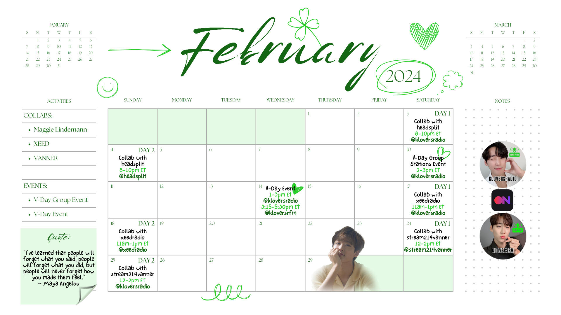 February 2024 Calendar for KLOVERsRadio Stationhead