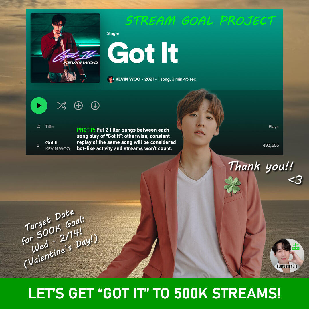 500,000 stream goal on Spotify for Kevin Woo's Got It