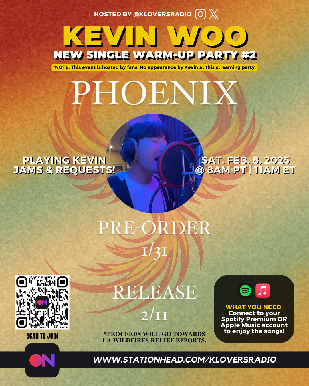 Kevin Woo Phoenix Single Warm-up Party Kevin Woo Phoenix Single Warm-up Stationhead Streaming Party - Pre-order on January 31 and proceeds will go towards LA wildfires relief efforts.