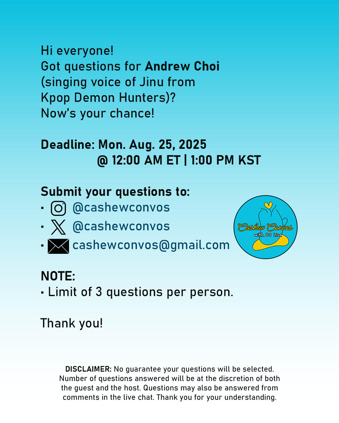 Submit your questions for Andrew Choi Submit your questions for Andrew Choi