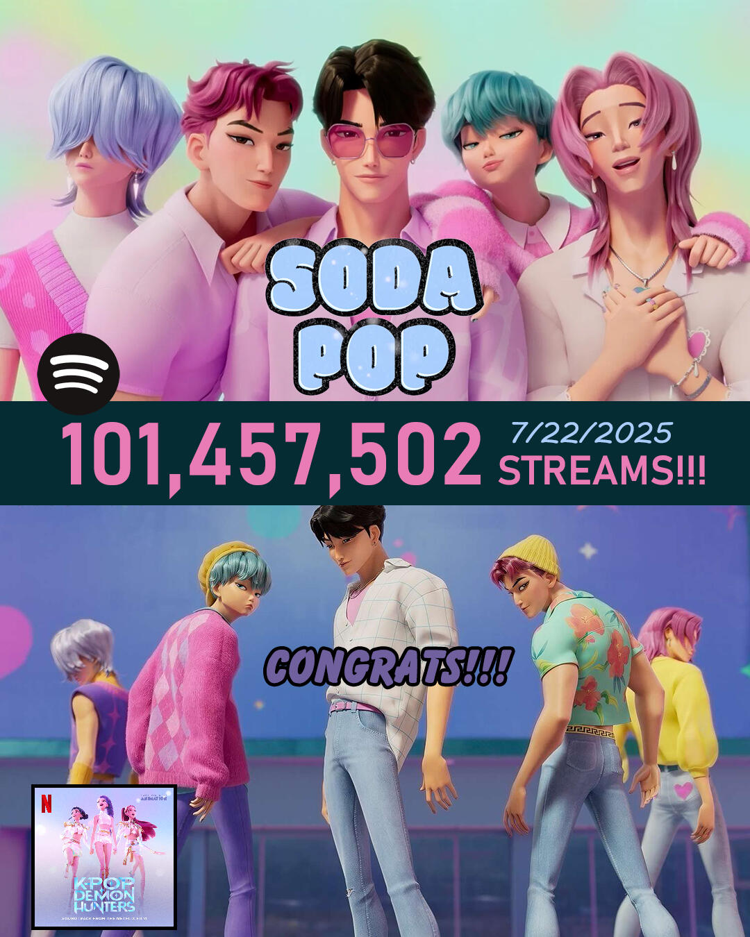 KPop Demon Hunters Saja Boys Soda Pop 100M Streams on Spotify